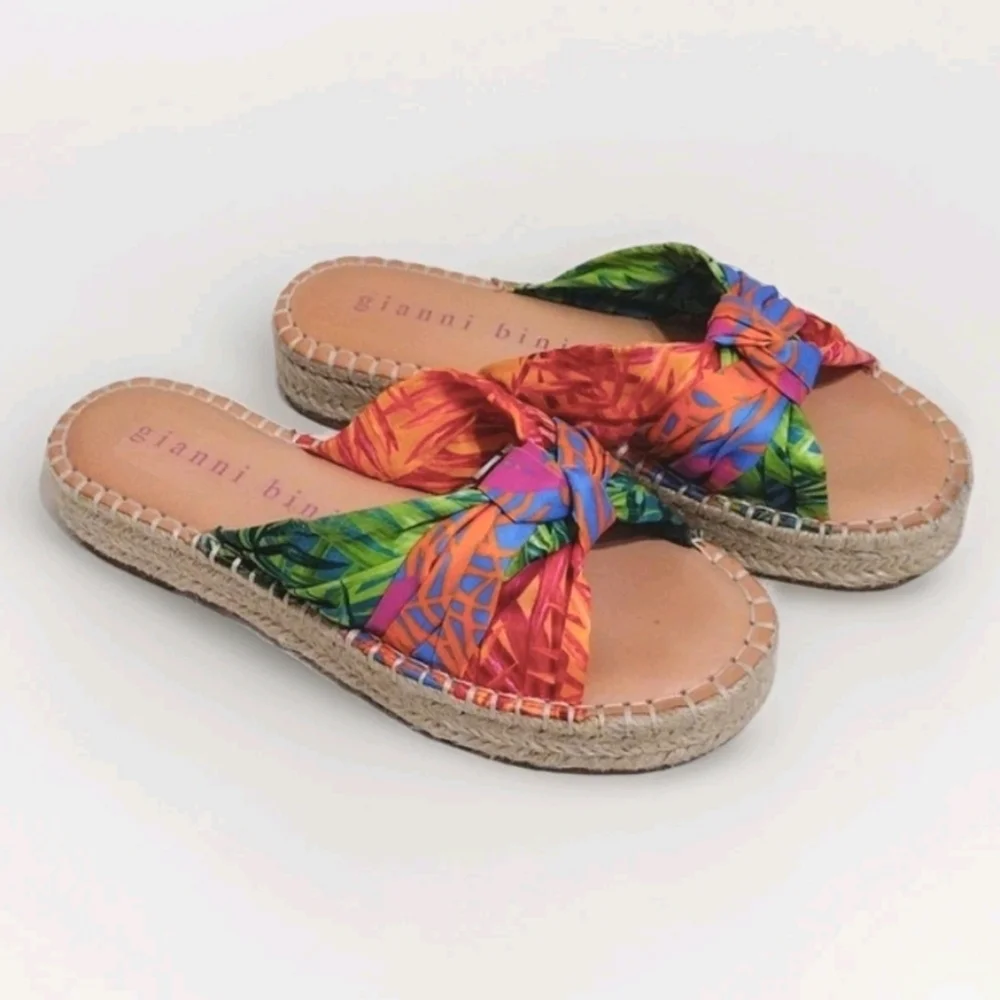 Gianni Bini Tropical Print Knotted Espadrille Platform Slide Sandals US 6 Resort